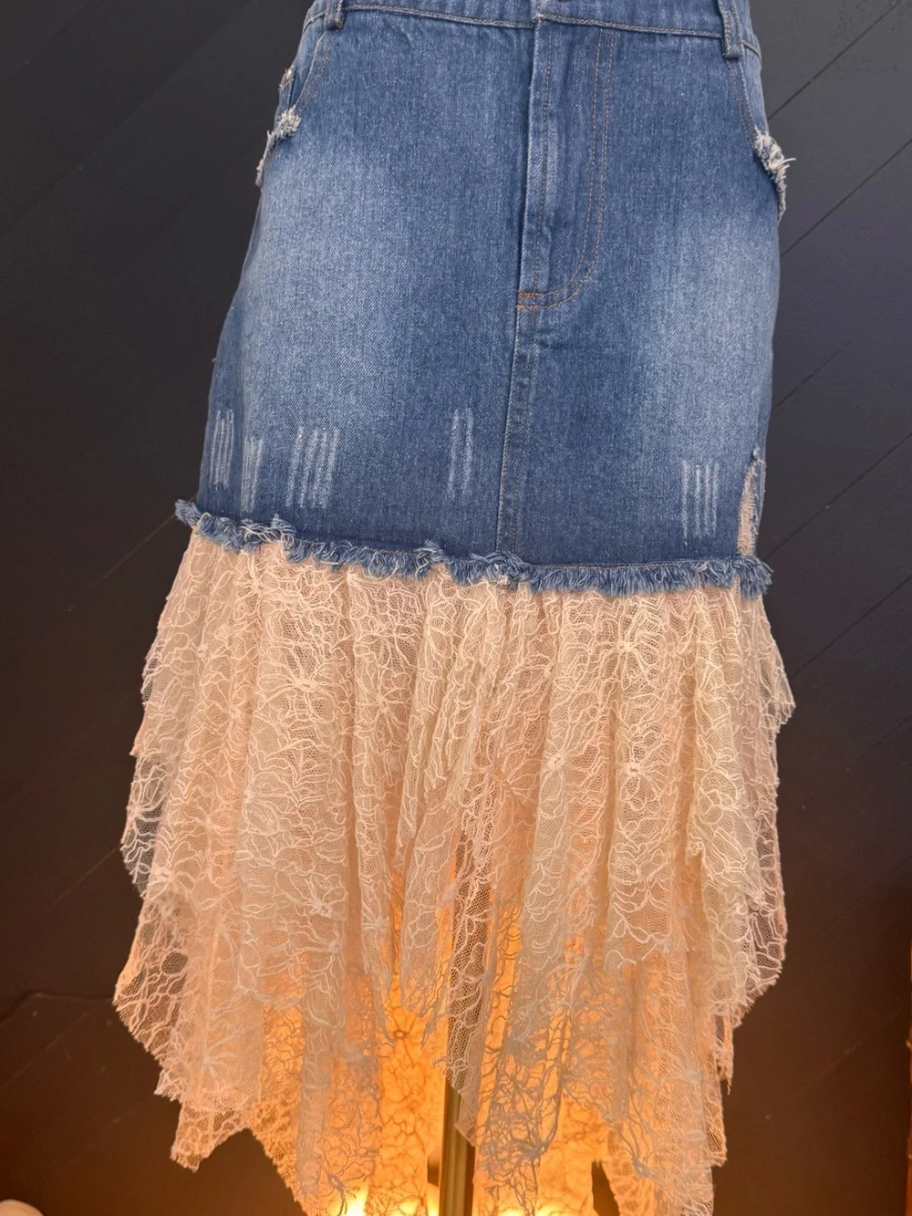 POL Clothing Blue Denim & Cream Lace High-Low Skirt - Picture 4 of 11